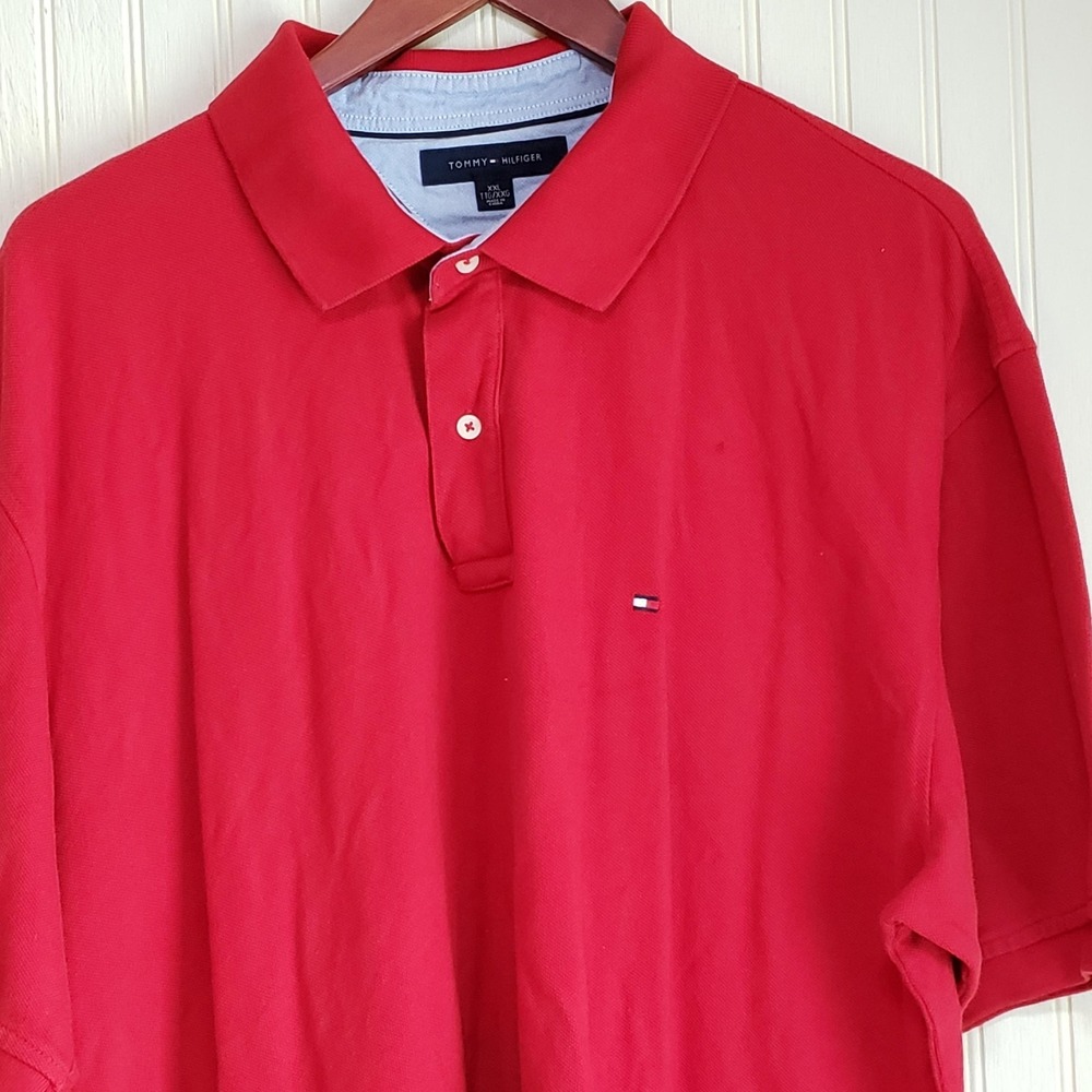 Tommy Hilfiger Polo Shirt Mens 2XL Red Solid 100% Cotton Flag Logo Top